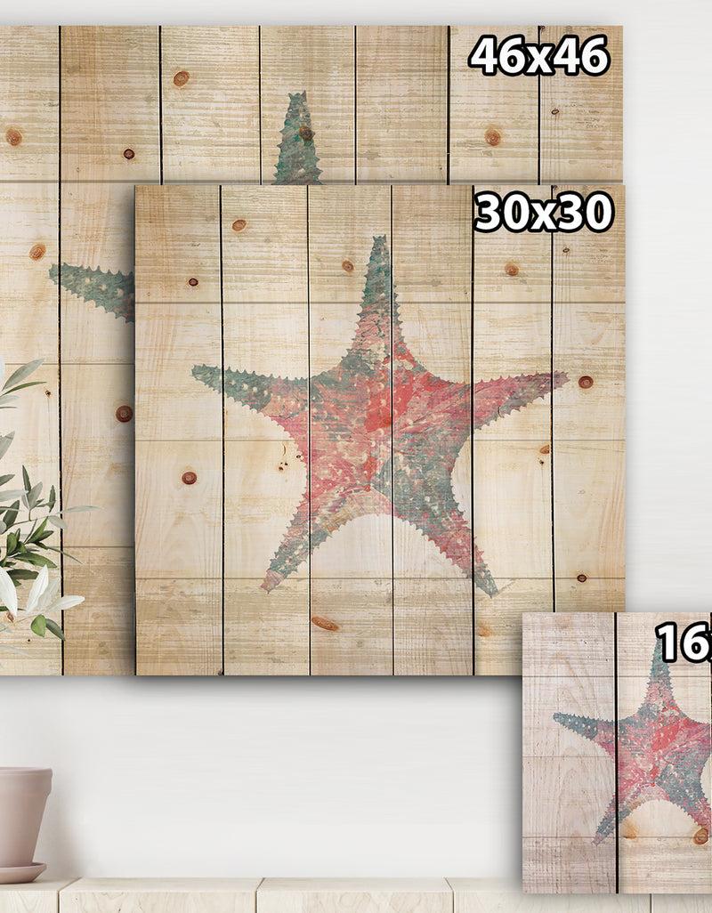 Designq Pink Starfish Ocean Life - Nautical & Coastal Print On Natural Pine Wood