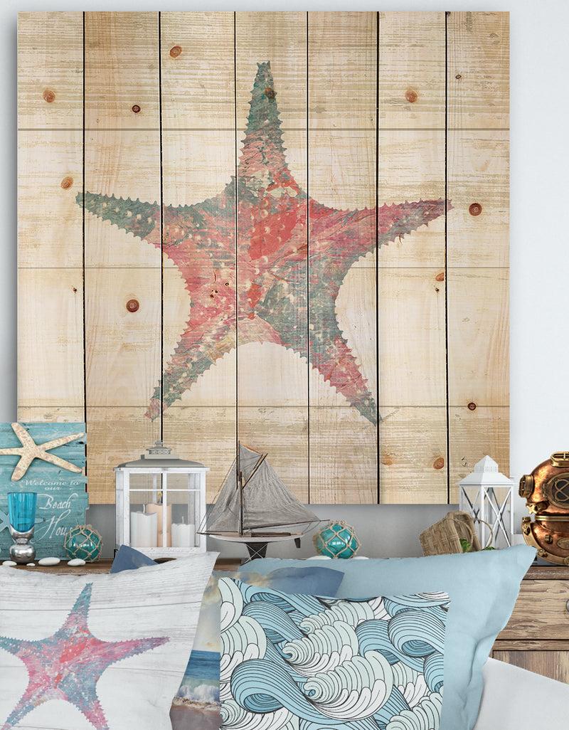 designq Pink Starfish Ocean Life - Nautical & Coastal Print on Natural Pine Wood