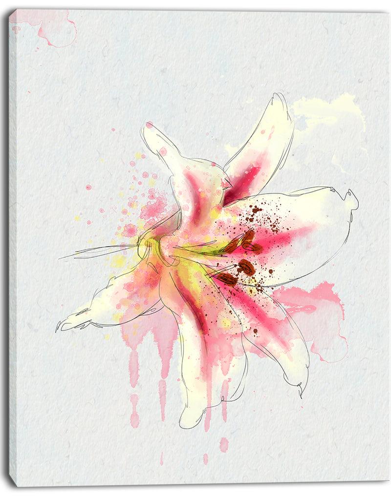 Designq Pink Yellow Lily Watercolor Sketch - Flowers Canvas Wall Artwork