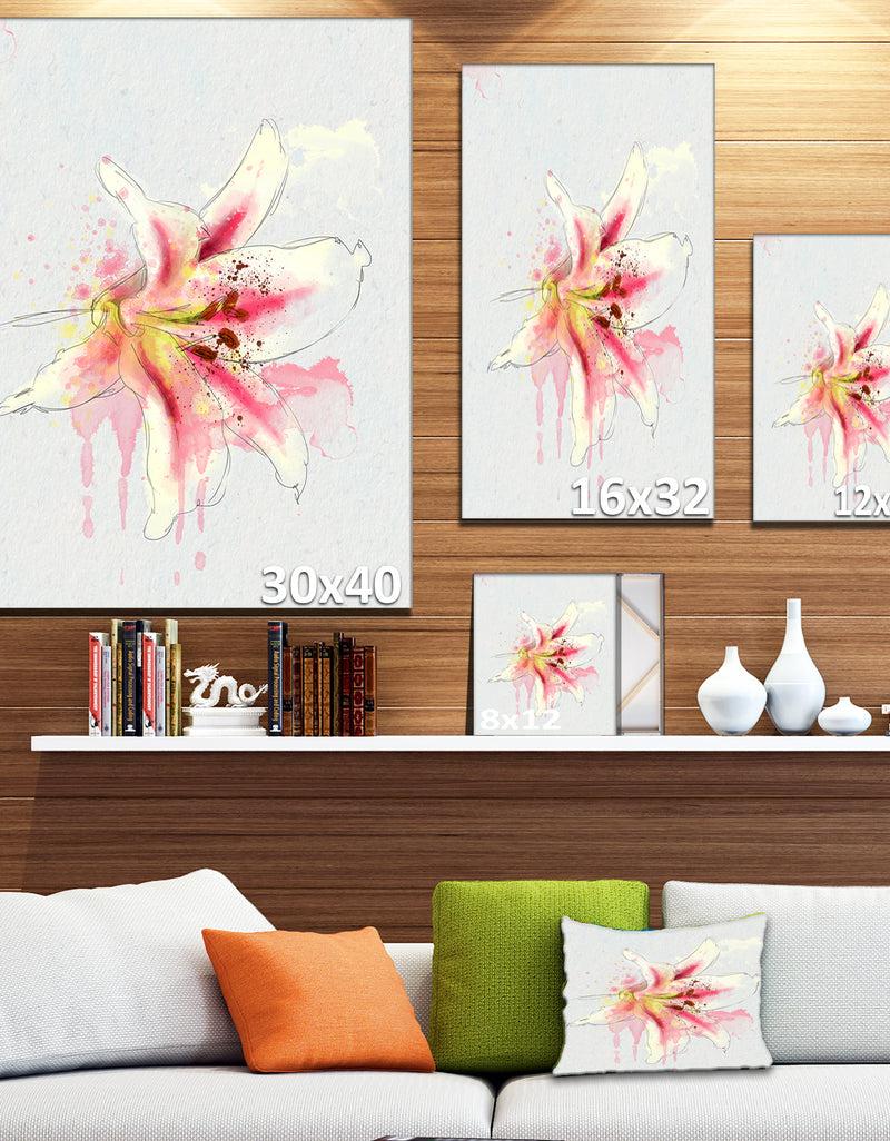Designq Pink Yellow Lily Watercolor Sketch - Flowers Canvas Wall Artwork
