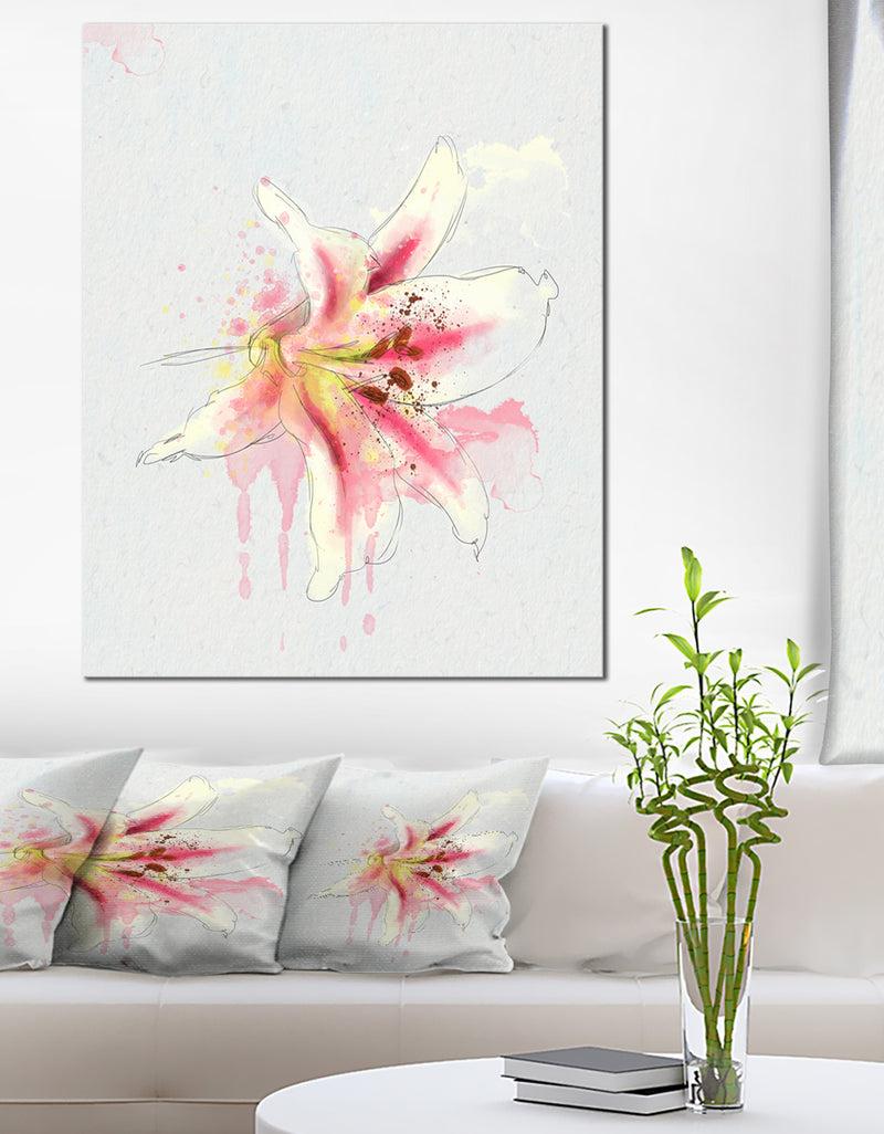 designq Pink Yellow Lily Watercolor Sketch - Flowers Canvas Wall Artwork