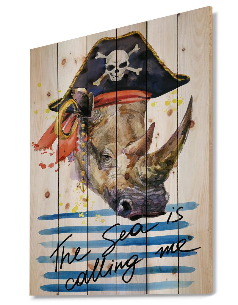 Designq Pirate Animal In Hat The Sea Is Calling Me - Animals Sea & Shore Print On Natural Pine Wood