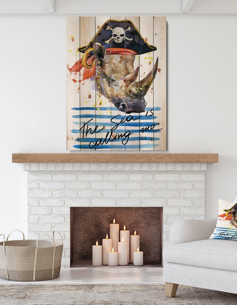 designq Pirate animal in hat The Sea is Calling Me - Animals Sea & Shore Print on Natural Pine Wood