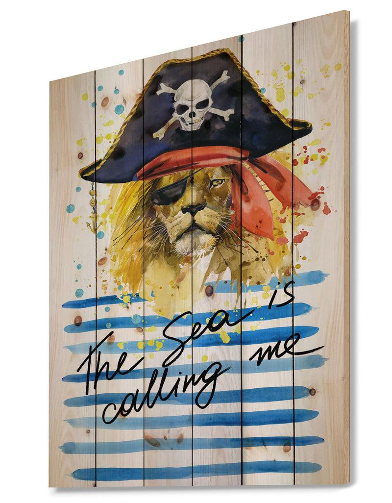 Designq Pirate Tiger In Hat The Sea Is Calling Me - Animals Sea & Shore Print On Natural Pine Wood