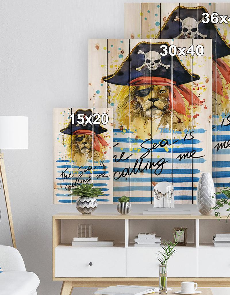 Designq Pirate Tiger In Hat The Sea Is Calling Me - Animals Sea & Shore Print On Natural Pine Wood
