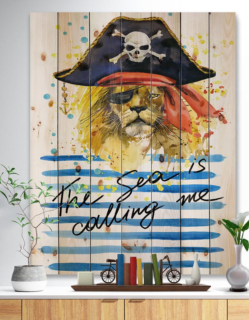designq Pirate Tiger in hat The Sea is Calling Me - Animals Sea & Shore Print on Natural Pine Wood