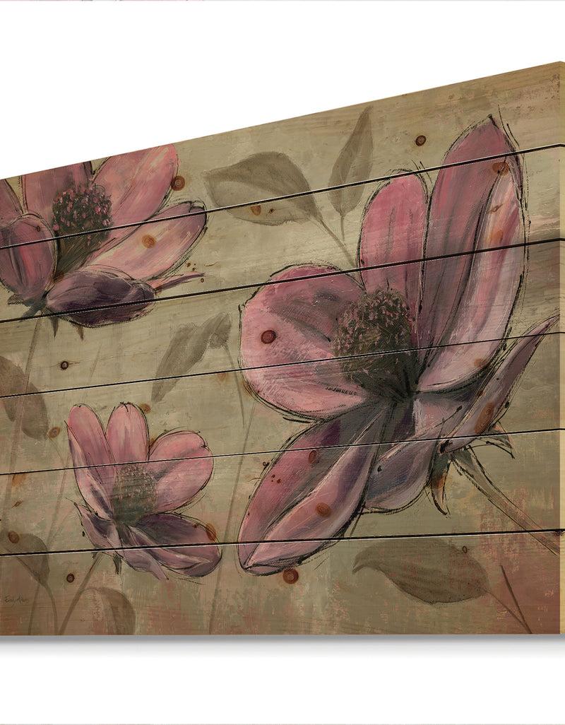 Designq Plum Pink Cottage Flowers - Traditional Print On Natural Pine Wood