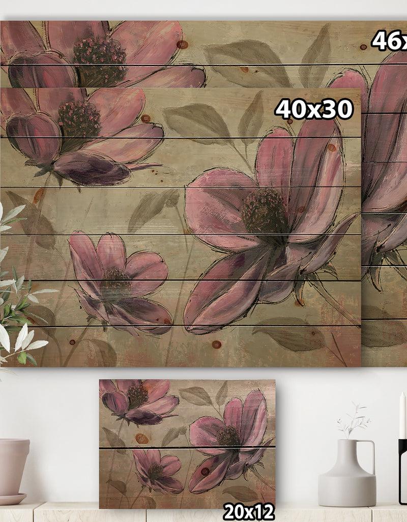 Designq Plum Pink Cottage Flowers - Traditional Print On Natural Pine Wood