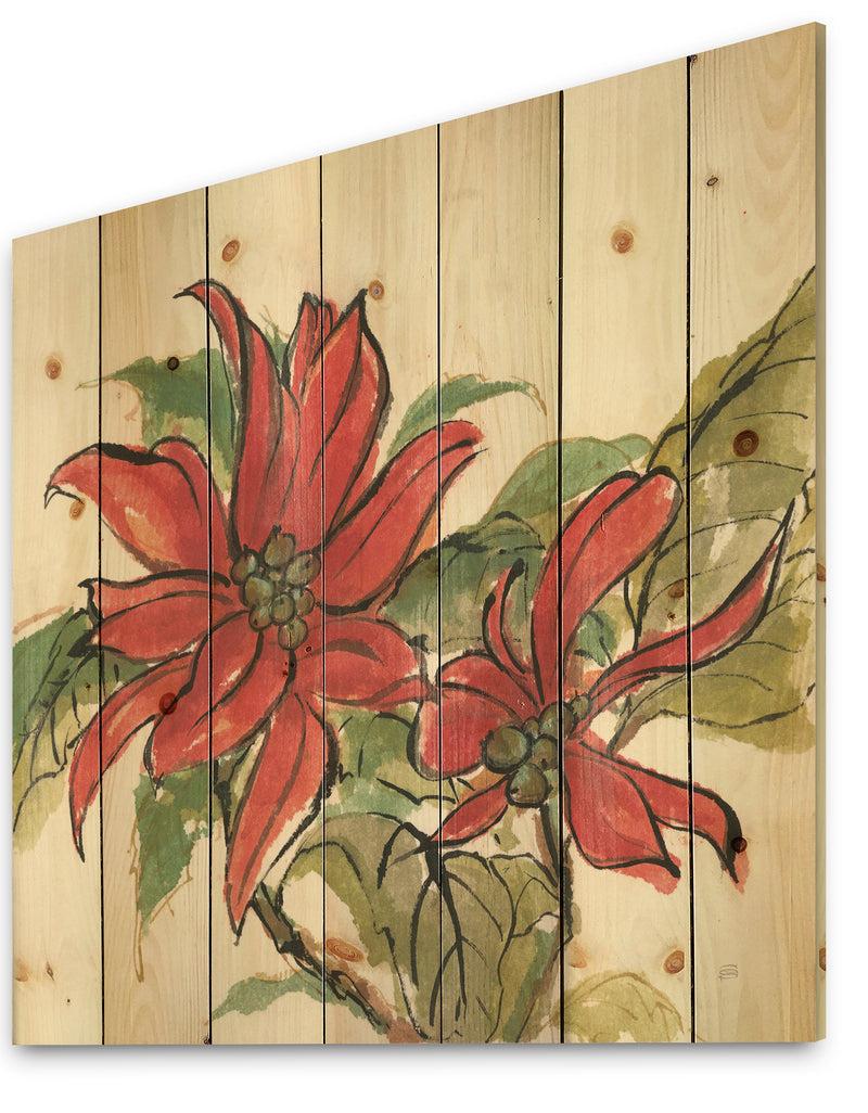 Designq Poinsettia II - Farmhouse Print On Natural Pine Wood