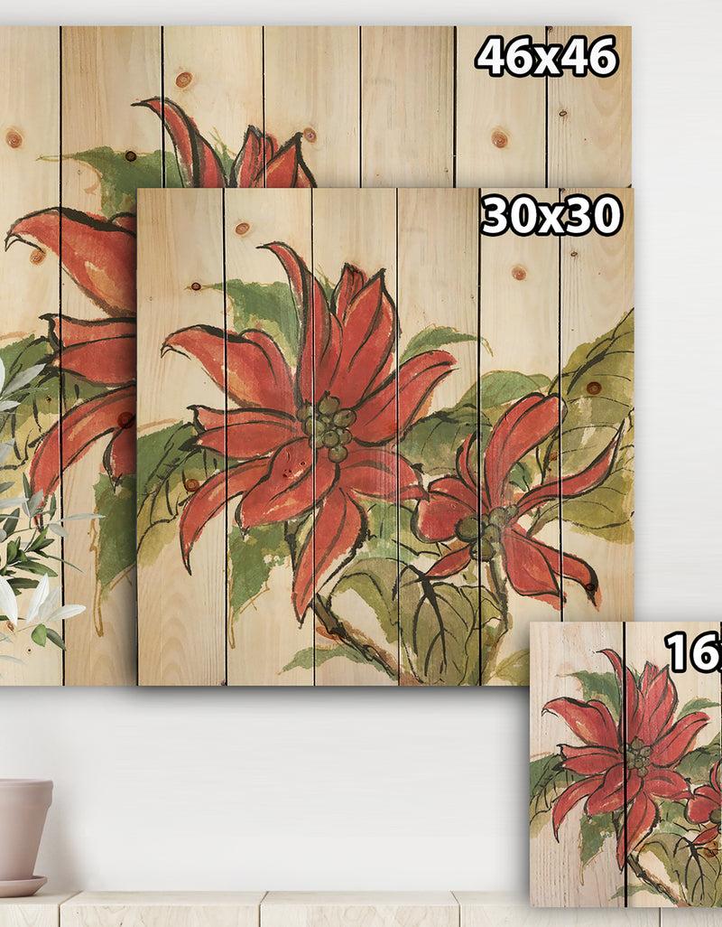 Designq Poinsettia II - Farmhouse Print On Natural Pine Wood