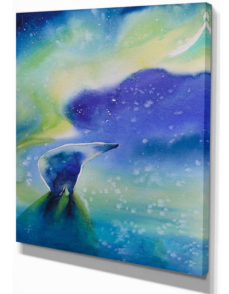 Designq Polar Bear With Aurora Borealis - Animals Kids Painting Print On Wrapped Canvas