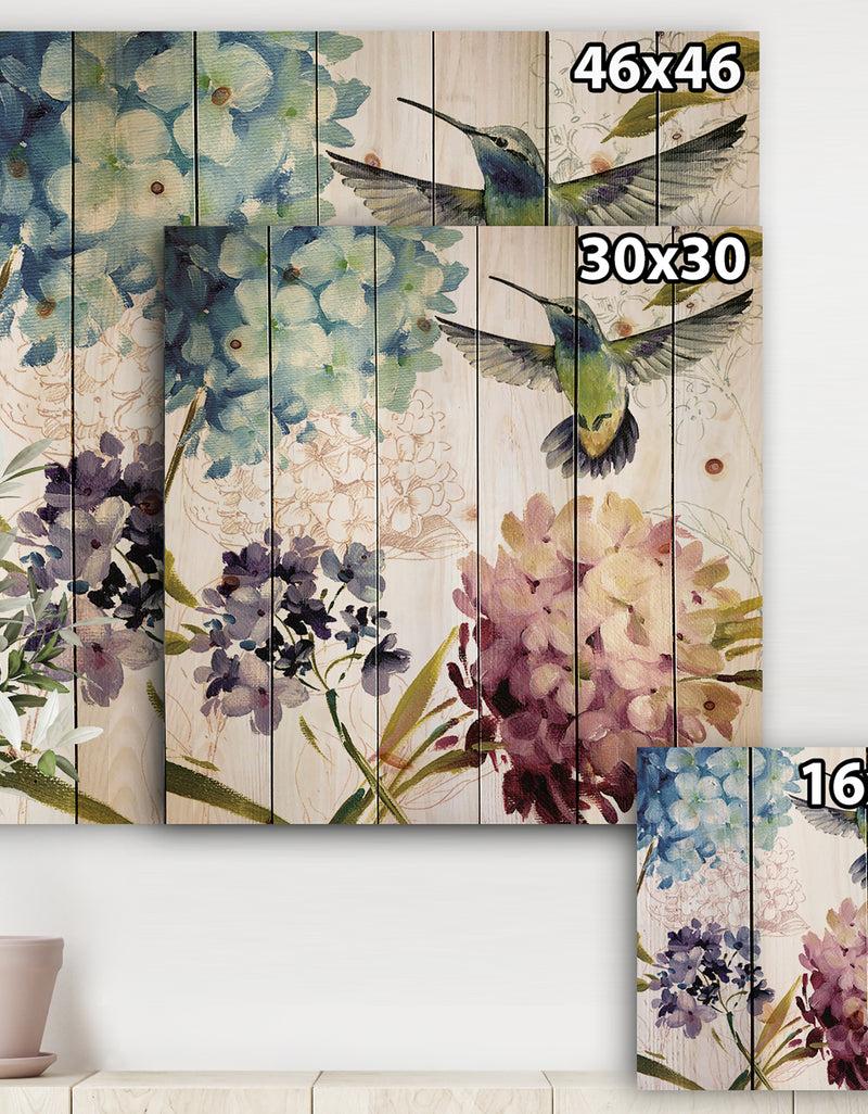 Designq Porch & Den Hummingbird Blue Cottage Flower - Print On Natural Pine Wood