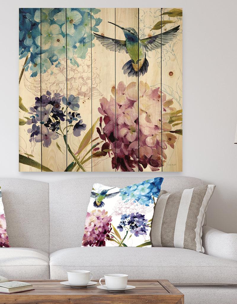 designq Porch & Den Hummingbird Blue Cottage Flower - Print on Natural Pine Wood