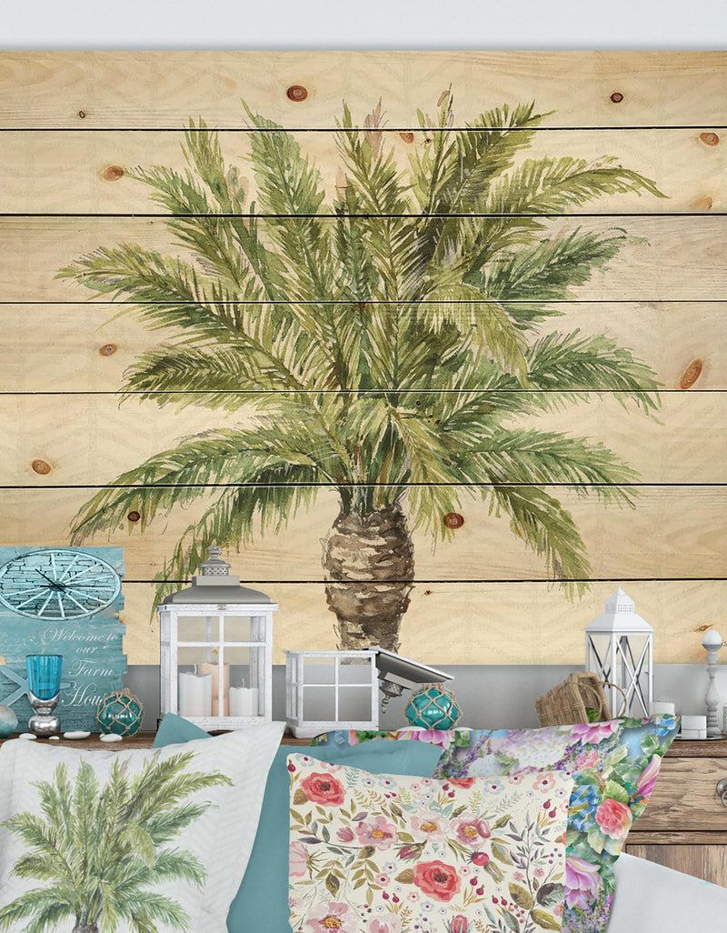 designq Porch & Den Mixed Botanical Greens palms IV - Print on Natural Pine Wood