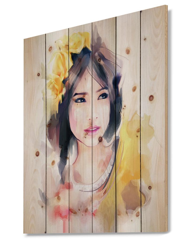 Designq Portrait Of Beautiful Girl - Fashion Print On Natural Pine Wood