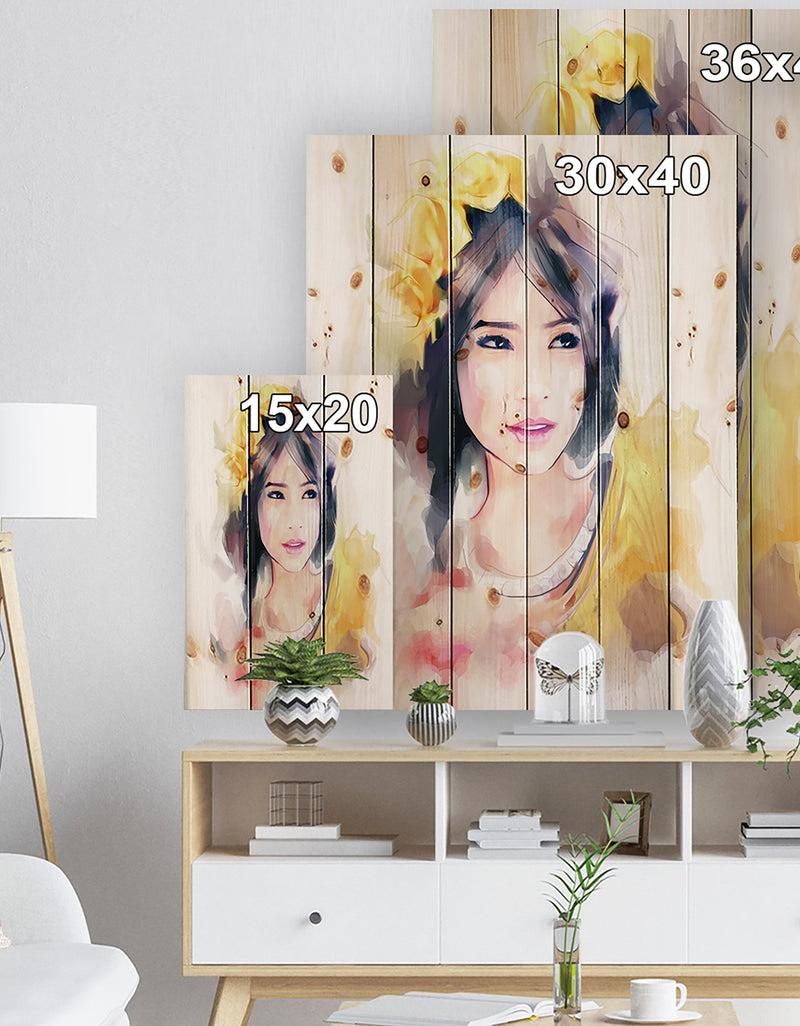 Designq Portrait Of Beautiful Girl - Fashion Print On Natural Pine Wood