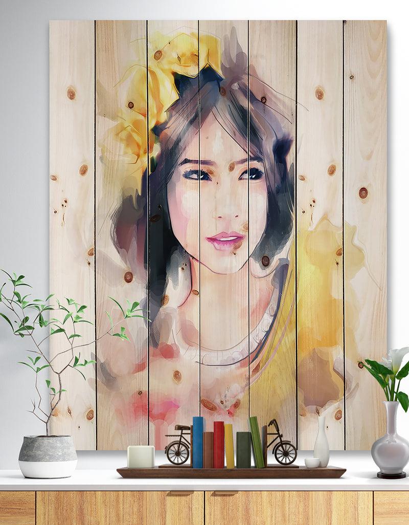 designq Portrait of Beautiful Girl - Fashion Print on Natural Pine Wood