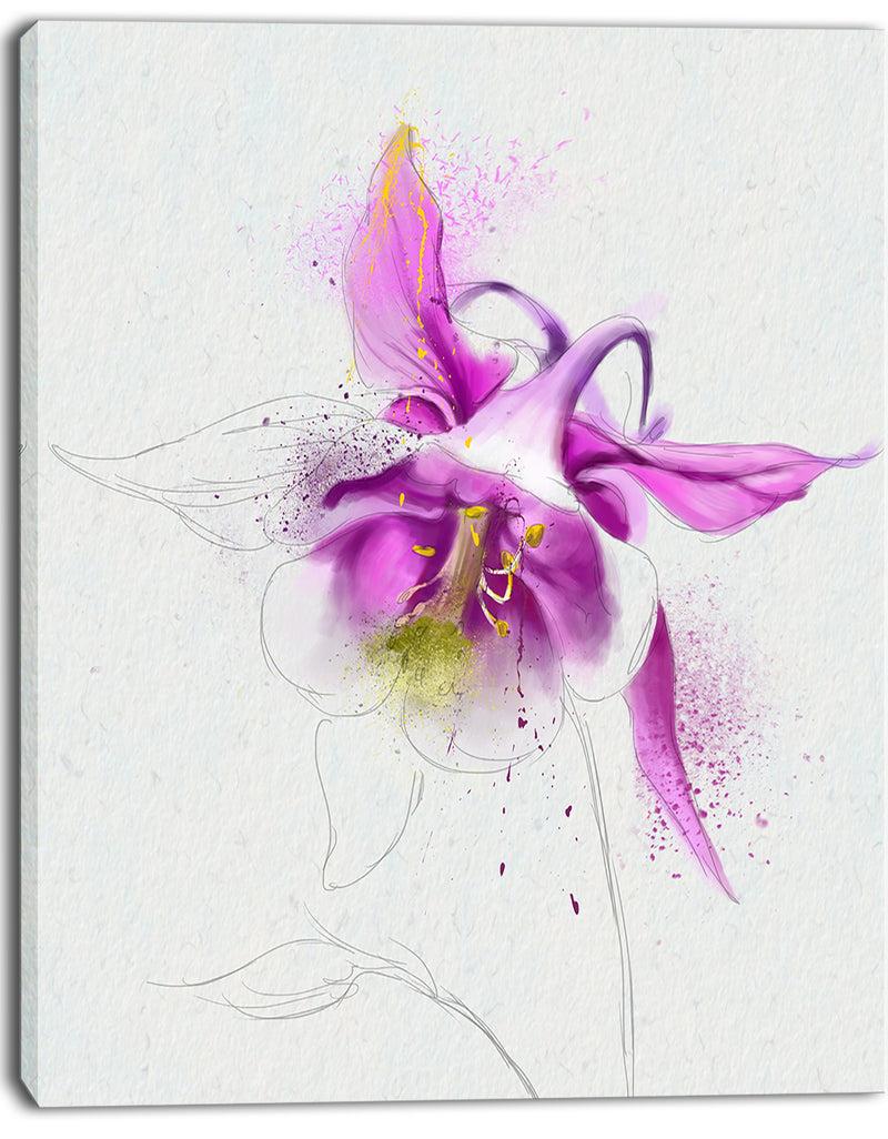 Designq Purple Aquilegia Watercolor Sketch - Flower Canvas Print Artwork