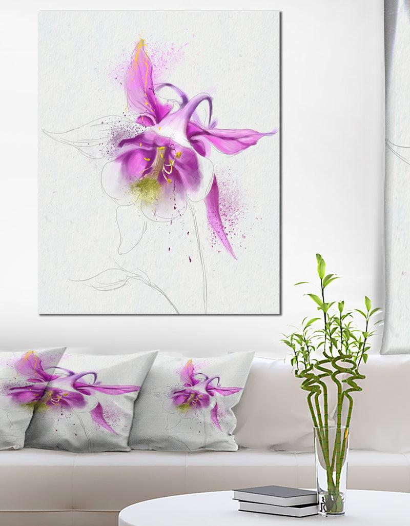 designq Purple Aquilegia Watercolor Sketch - Flower Canvas Print Artwork
