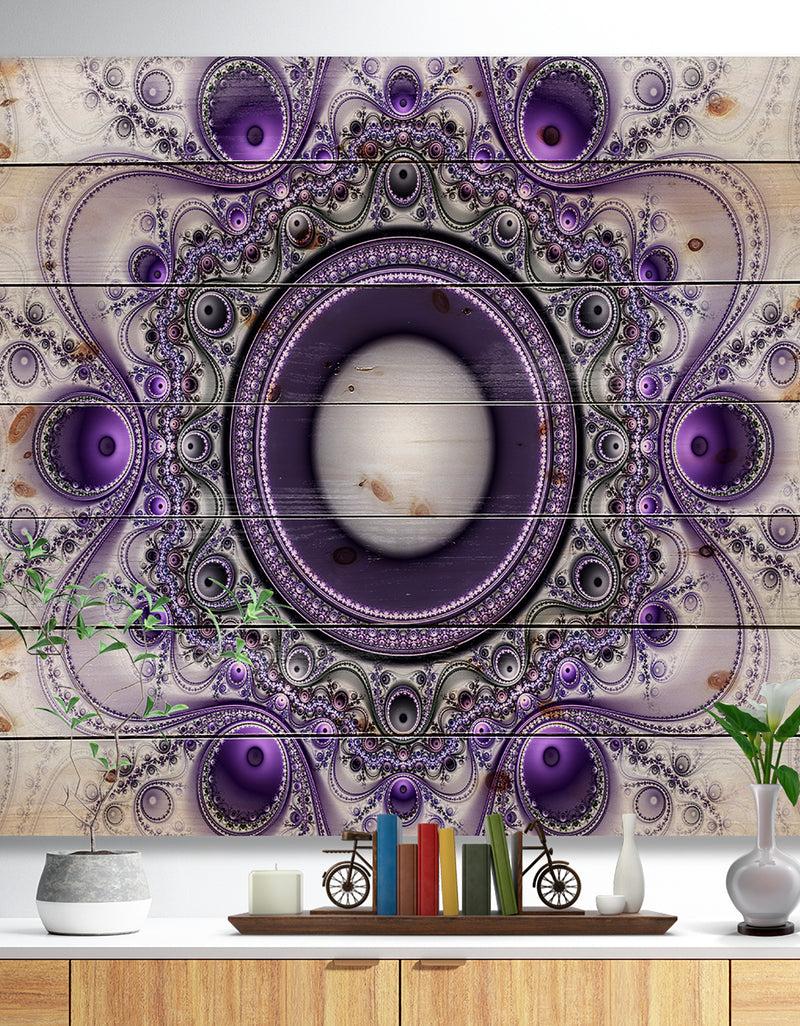 designq Purple Fractal Pattern with Circles - Abstract Print on Natural Pine Wood