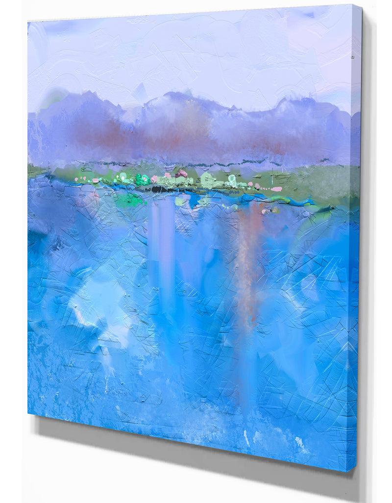 Designq Purple Hill And Blue Lake Under Blue Sky - Landscapes Painting Print On Wrapped Canvas