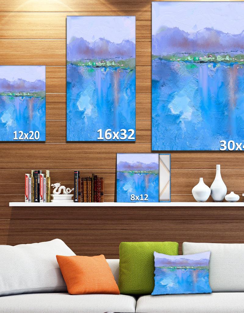 Designq Purple Hill And Blue Lake Under Blue Sky - Landscapes Painting Print On Wrapped Canvas