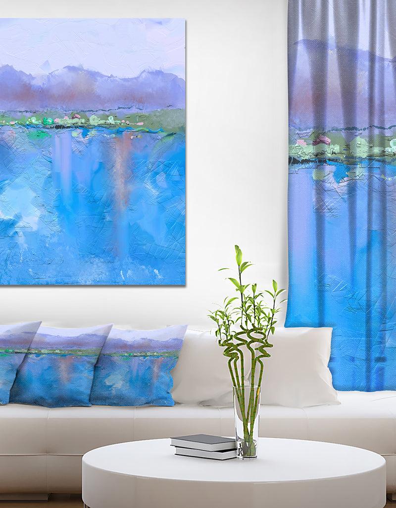 designq Purple Hill and Blue Lake Under Blue Sky - Landscapes Painting Print on Wrapped Canvas