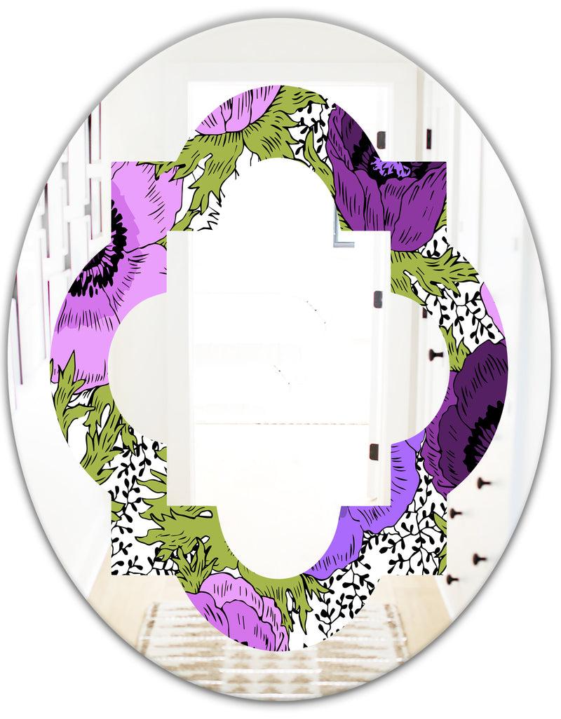 Designq Purple Retro Fantasy Flowers - Cottage Round Or Oval Wall Mirror - Quatrefoil