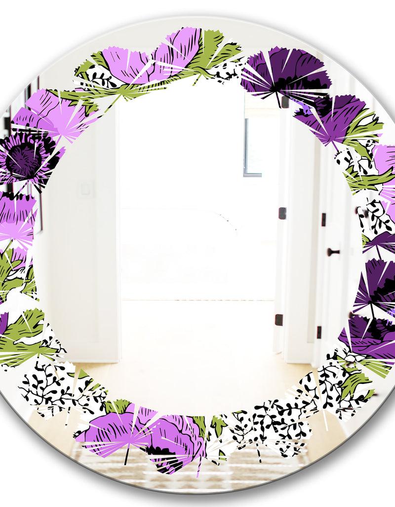 Designq Purple Retro Fantasy Flowers - Cottage Round Or Oval Wall Mirror - Leaves