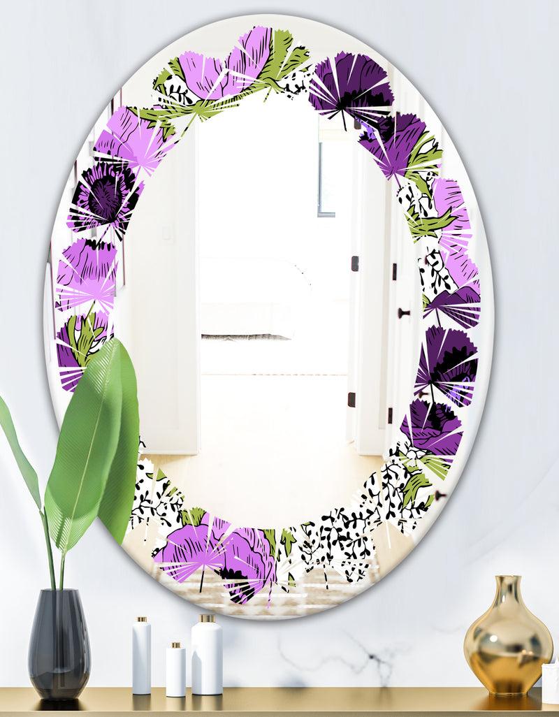 Designq Purple Retro Fantasy Flowers - Cottage Round Or Oval Wall Mirror - Leaves
