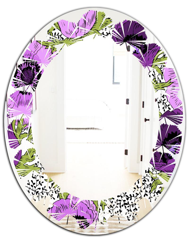 Designq Purple Retro Fantasy Flowers - Cottage Round Or Oval Wall Mirror - Leaves