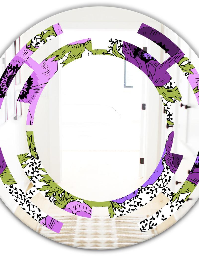 Designq Purple Retro Fantasy Flowers - Cottage Round Or Oval Wall Mirror - Space