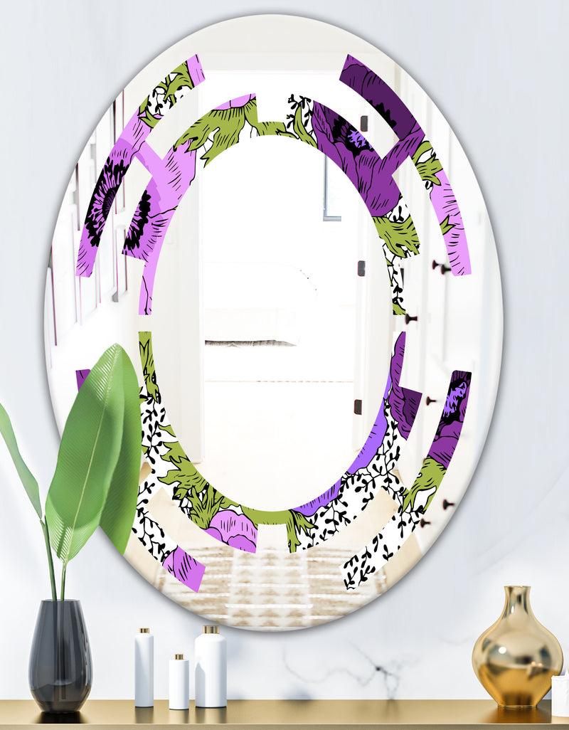 Designq Purple Retro Fantasy Flowers - Cottage Round Or Oval Wall Mirror - Space