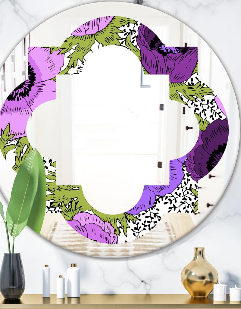 designq Purple Retro Fantasy Flowers - Cottage Round or Oval Wall Mirror - Quatrefoil