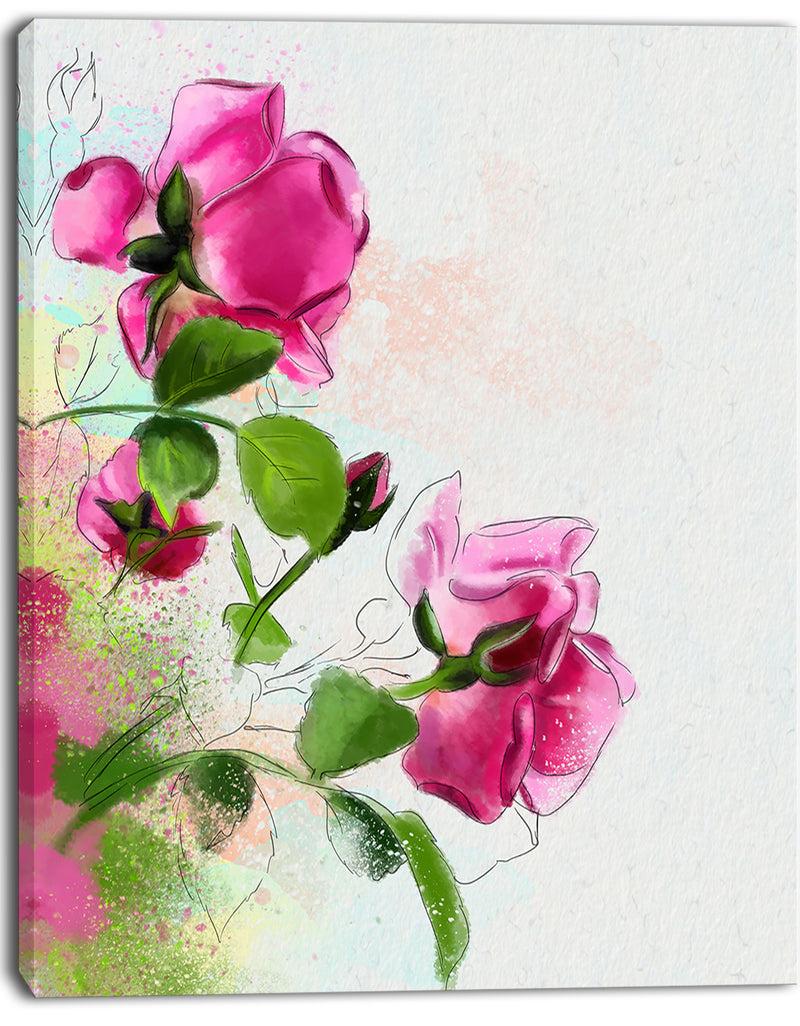 Designq Purple Roses With Green Leaves - Modern Floral Canvas Wall Art
