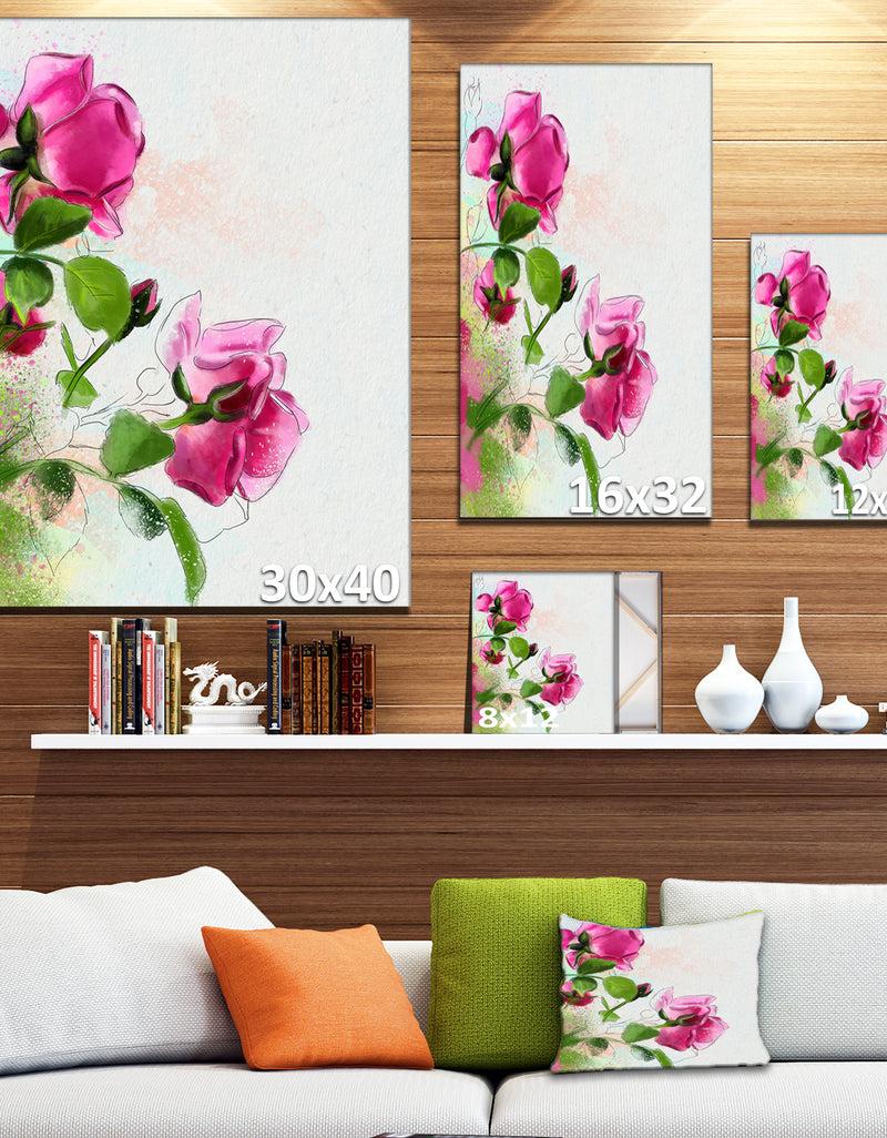Designq Purple Roses With Green Leaves - Modern Floral Canvas Wall Art