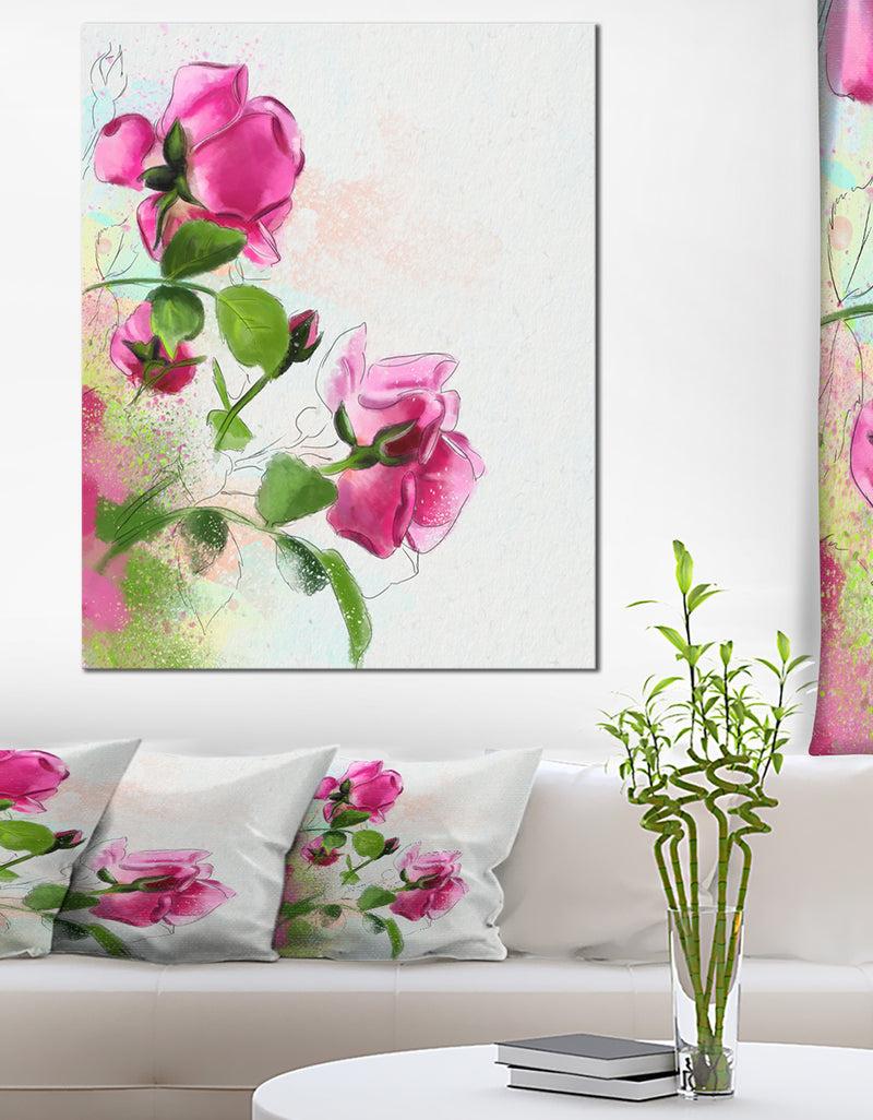 designq Purple Roses with Green Leaves - Modern Floral Canvas Wall Art