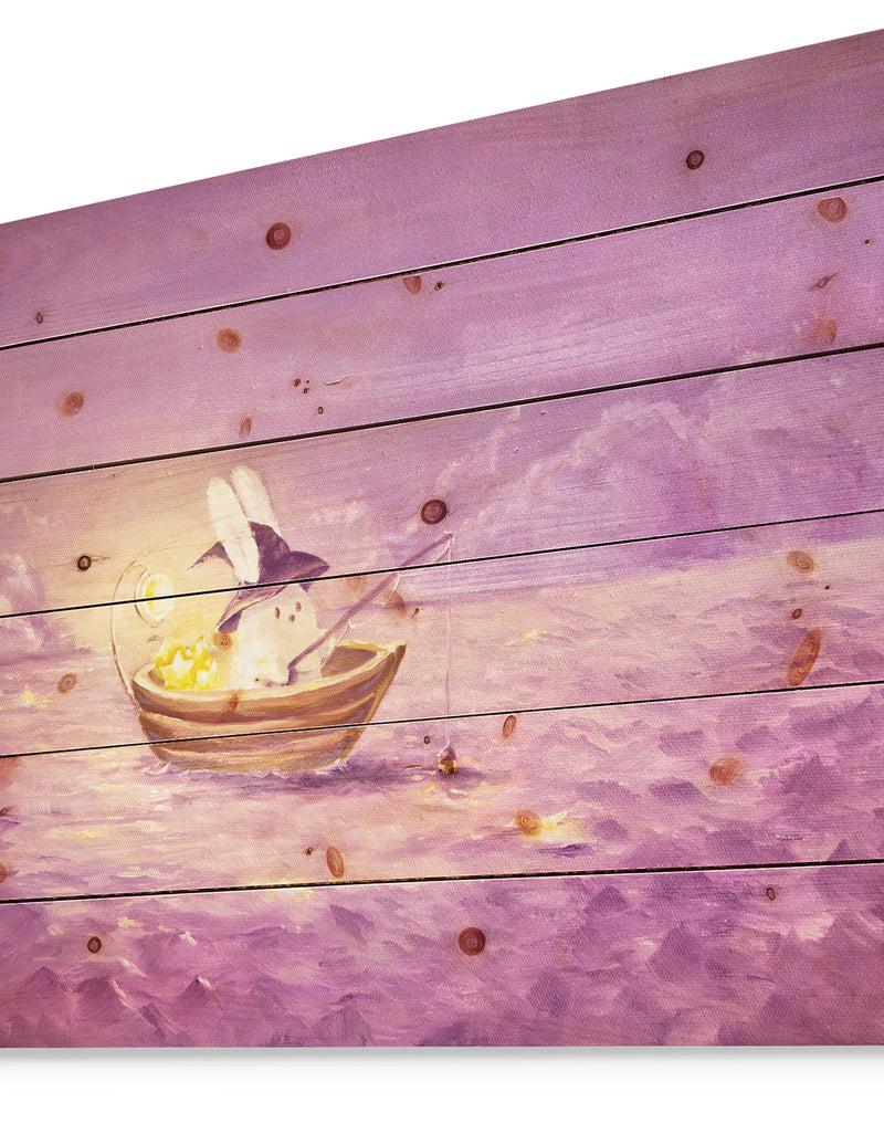 Designq Rabbit Catches Stars In The Sea - Sea & Shore Painting Print On Natural Pine Wood