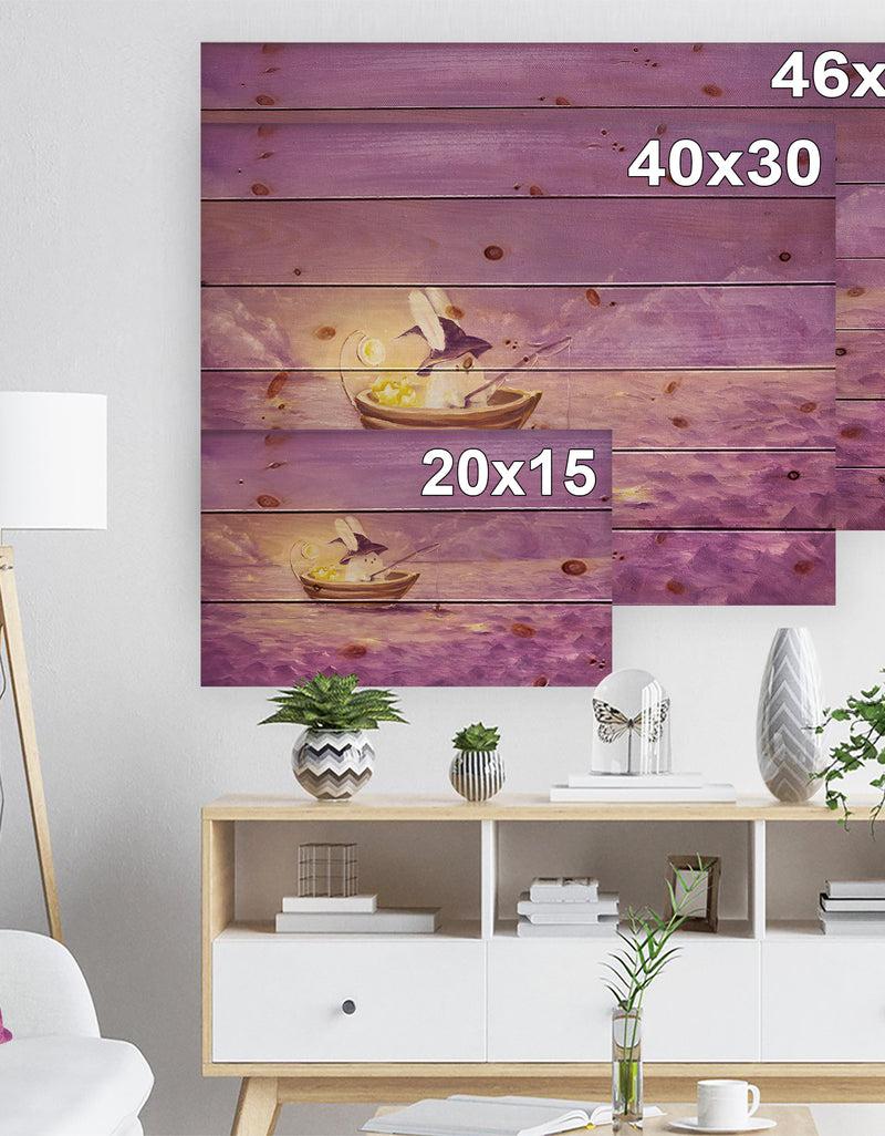 Designq Rabbit Catches Stars In The Sea - Sea & Shore Painting Print On Natural Pine Wood