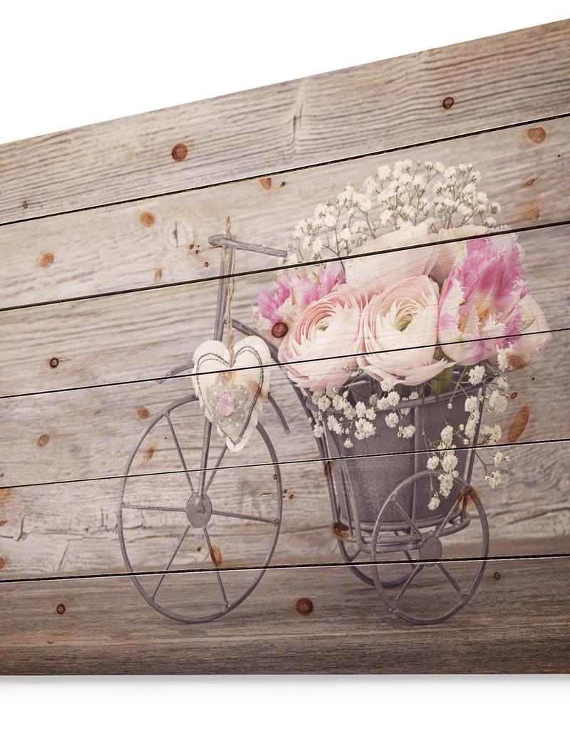 Designq Ranunculus Flowers In Bicycle Vase - Floral Farmhouse Print On Natural Pine Wood