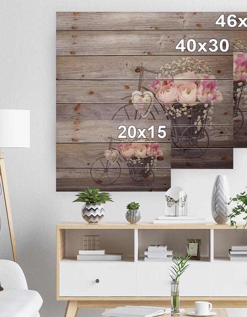 Designq Ranunculus Flowers In Bicycle Vase - Floral Farmhouse Print On Natural Pine Wood