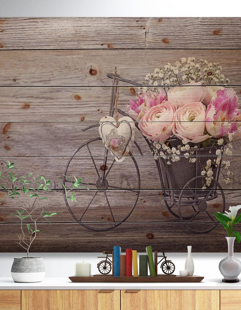designq Ranunculus Flowers in Bicycle Vase - Floral Farmhouse Print on Natural Pine Wood