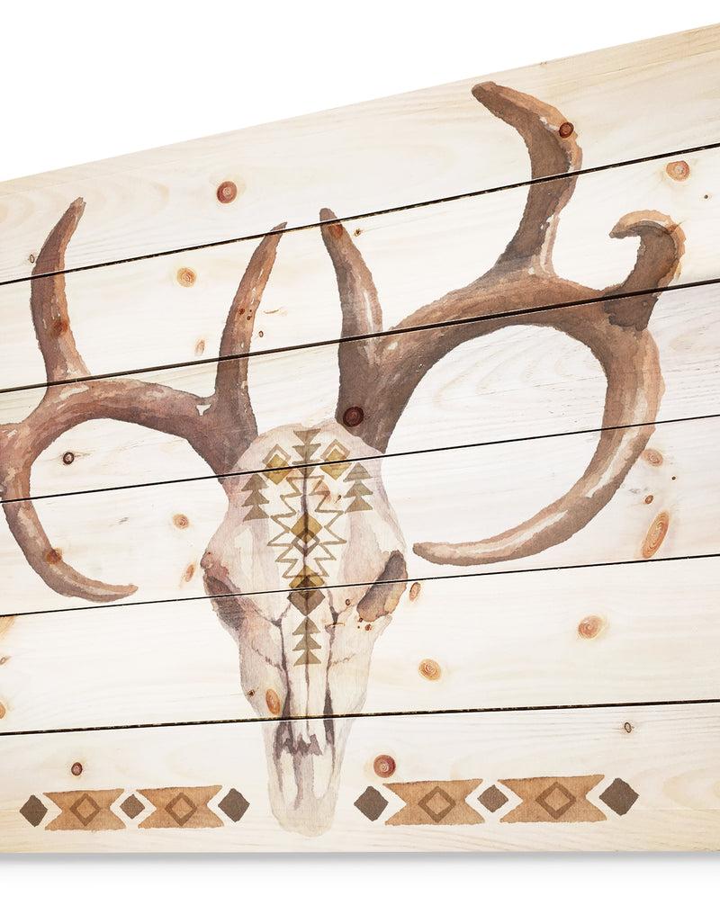 Designq Real Deer Antler Sketch - Farmhouse Animal Painting Print On Natural Pine Wood