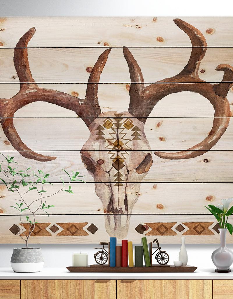 designq Real Deer Antler Sketch - Farmhouse Animal Painting Print on Natural Pine Wood