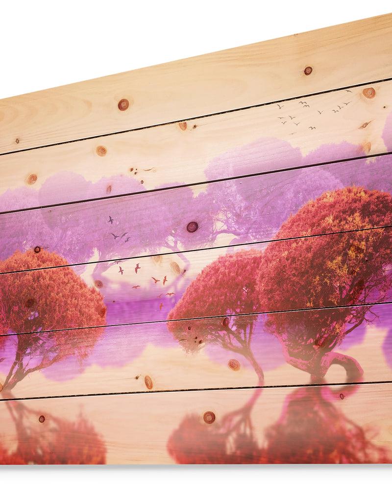 Designq Red And Purple Japanese Gardens - Landscape Print On Natural Pine Wood