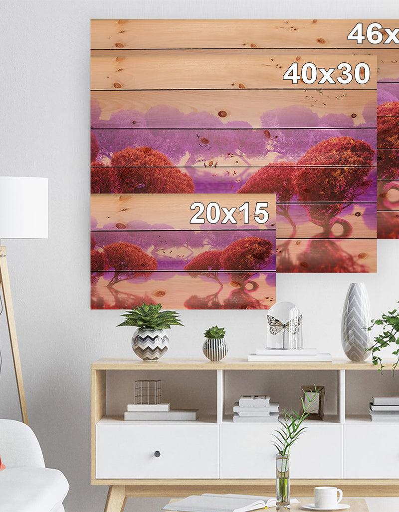 Designq Red And Purple Japanese Gardens - Landscape Print On Natural Pine Wood