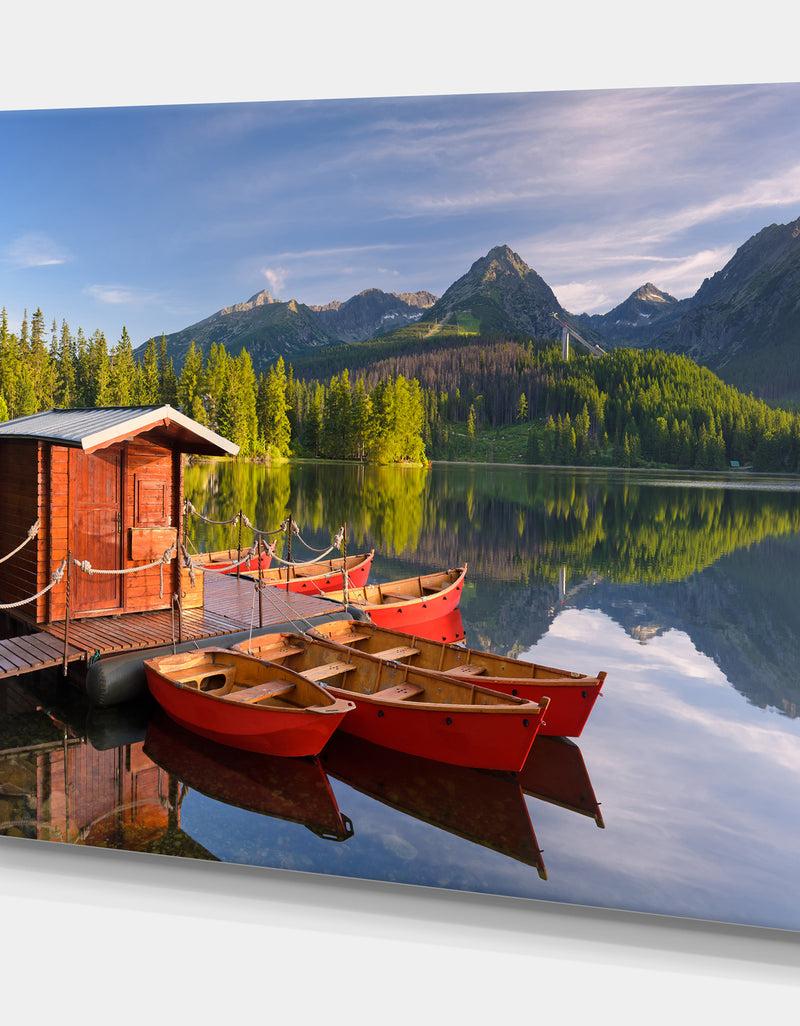 Designq Red Boat In A Mountain Lake - Lake Landscapes Photographic On Wrapped Canvas