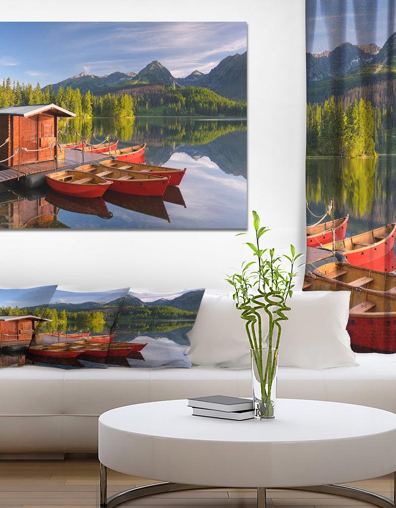 designq Red boat in a mountain lake - Lake Landscapes Photographic on wrapped Canvas