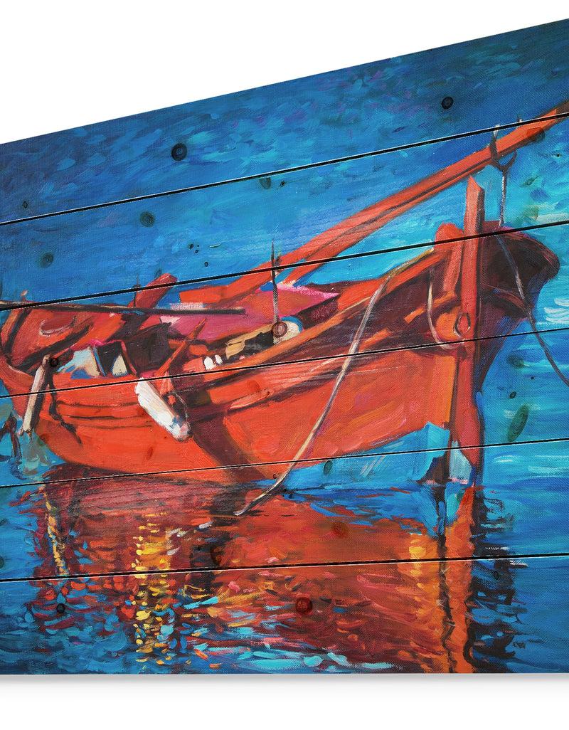 Designq Red Boat Over The Ocean - Sea & Shore Painting Print On Natural Pine Wood