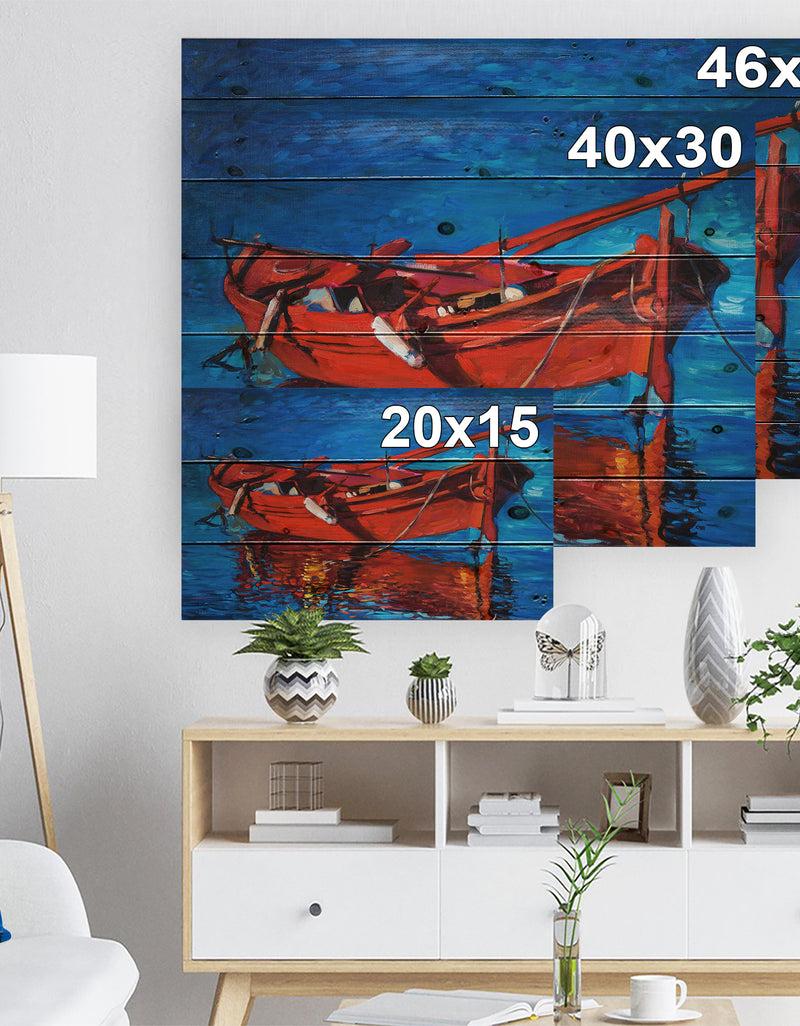 Designq Red Boat Over The Ocean - Sea & Shore Painting Print On Natural Pine Wood